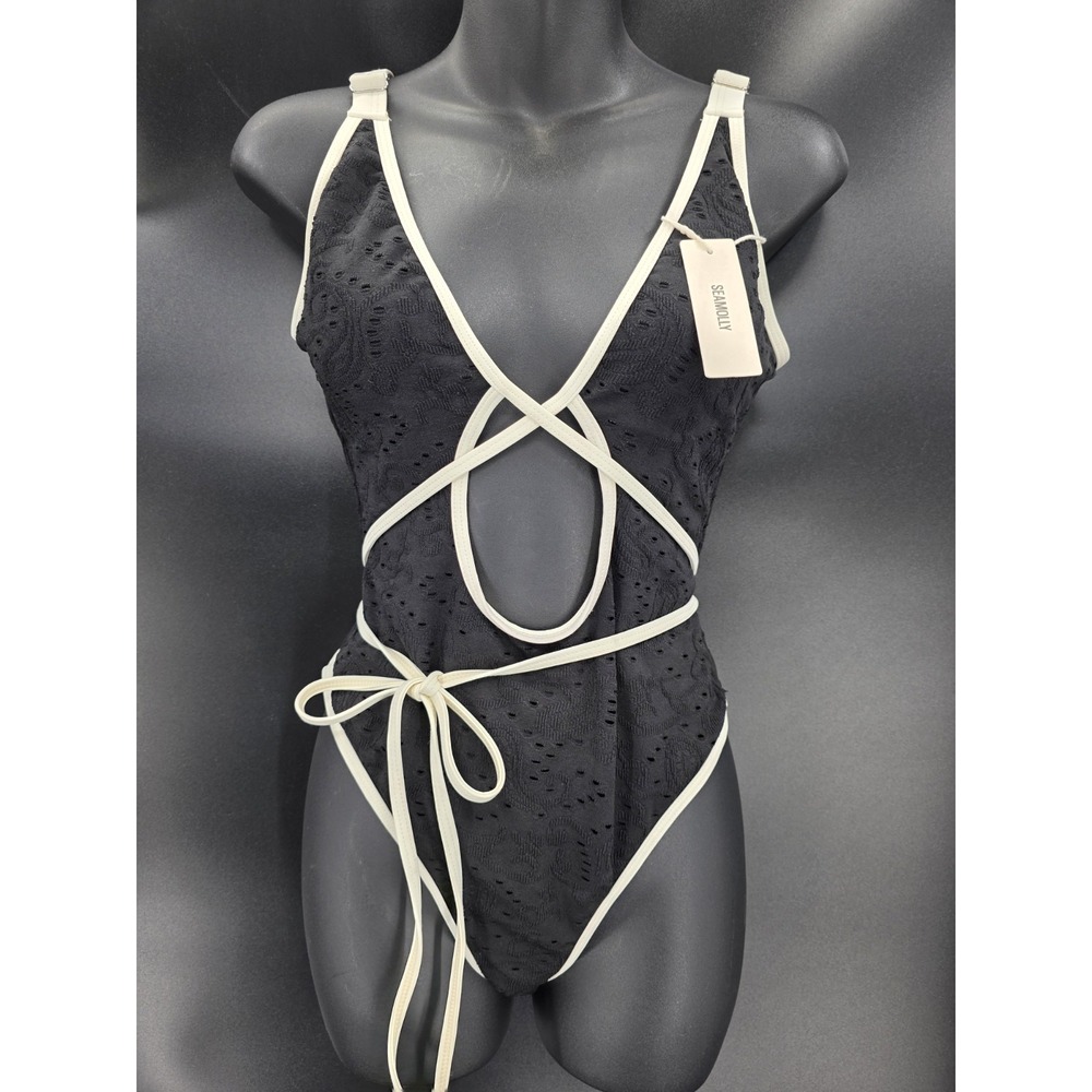 NWT Seamolly Women's Gingham Tie Around One-Piece Swimsuit Sz M Blk/White